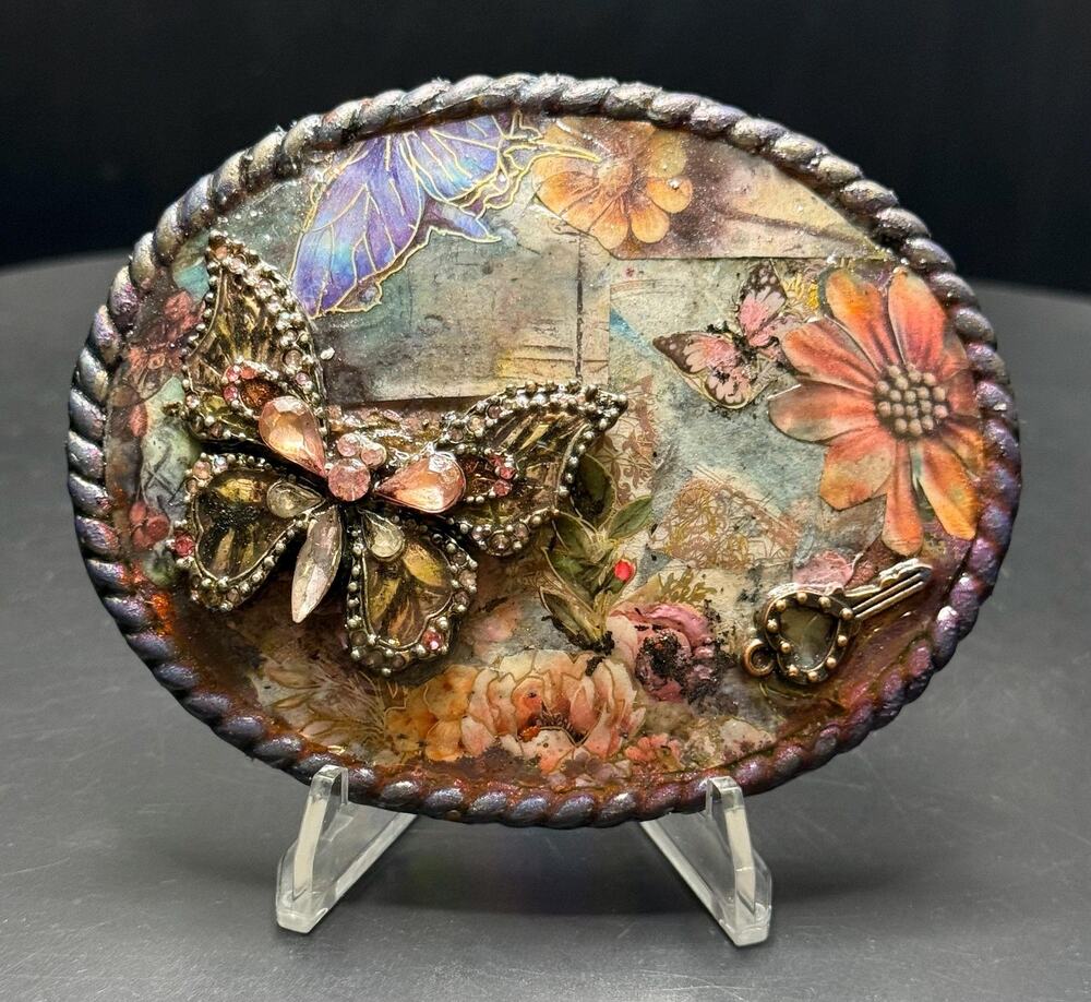 Boho Butterfly Belt Buckle Mixed Media Art